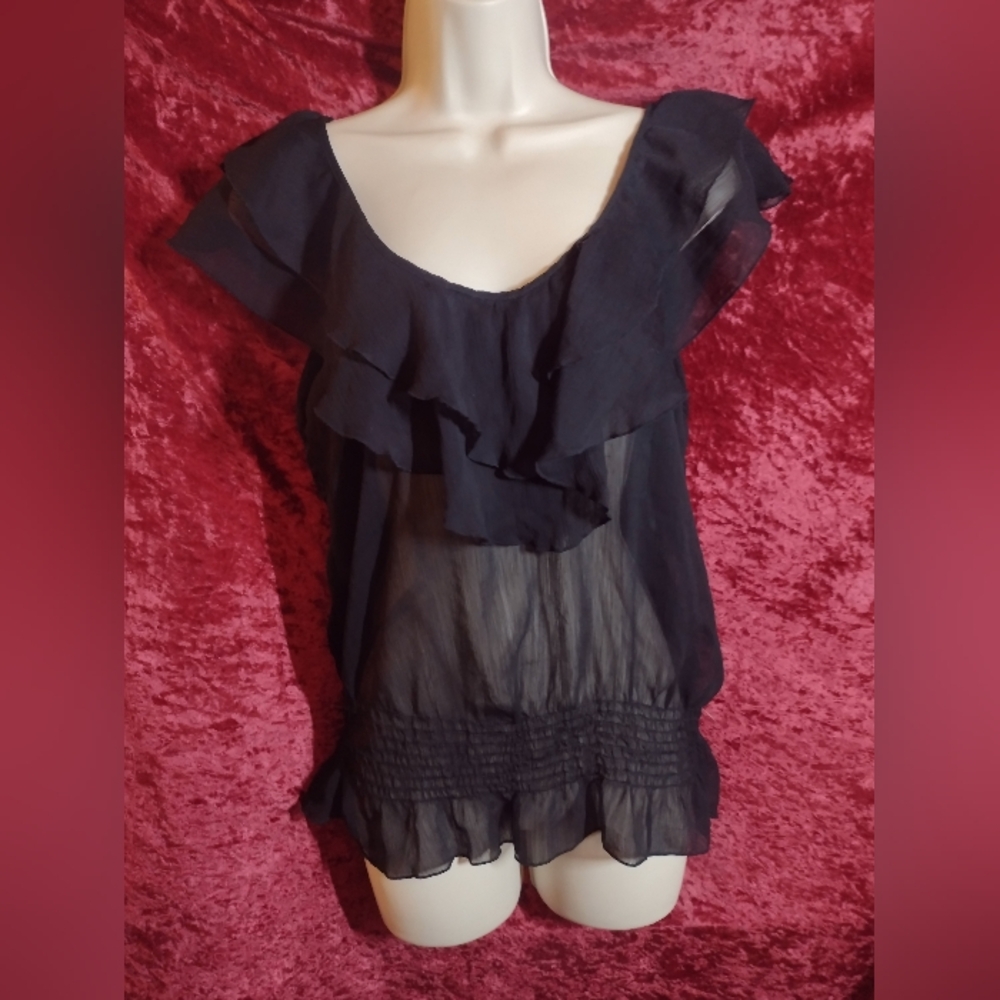 Black Sheer Chiffon Ruffle Blouse Top Smocked Waist Tiered Sleeve